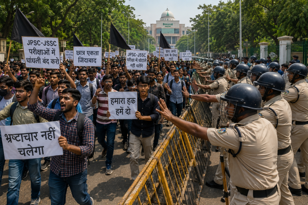 झारखंड विधानसभा की ओर मार्च करते छात्र प्रदर्शनकारी, सामने पुलिस द्वारा बैरिकेड लगाकर प्रदर्शनकारियों को रोकते हुए दृश्य।