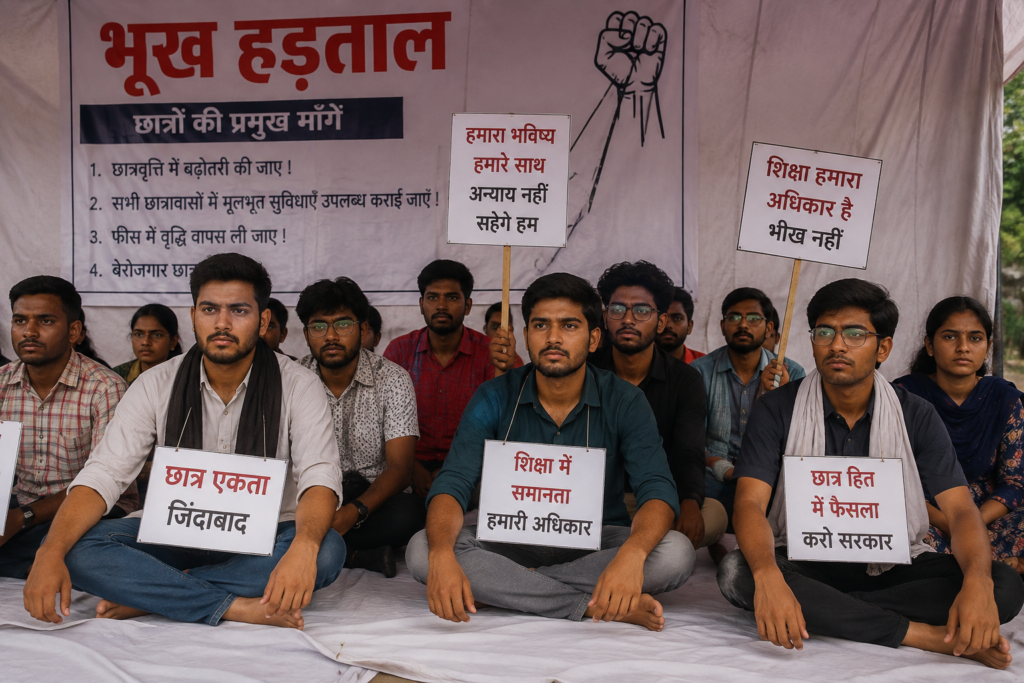 छात्रों का शांतिपूर्ण भूख हड़ताल प्रदर्शन, हाथों में मांगों से जुड़े पोस्टर लिए बैठे प्रदर्शनकारी