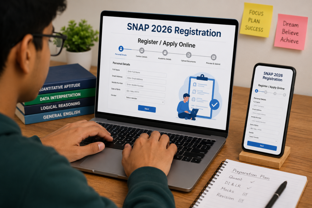 SNAP 2026 Registration के लिए लैपटॉप और मोबाइल पर ऑनलाइन आवेदन फॉर्म भरता हुआ छात्र, स्क्रीन पर “Register / Apply Online” दिखाई दे रहा है।