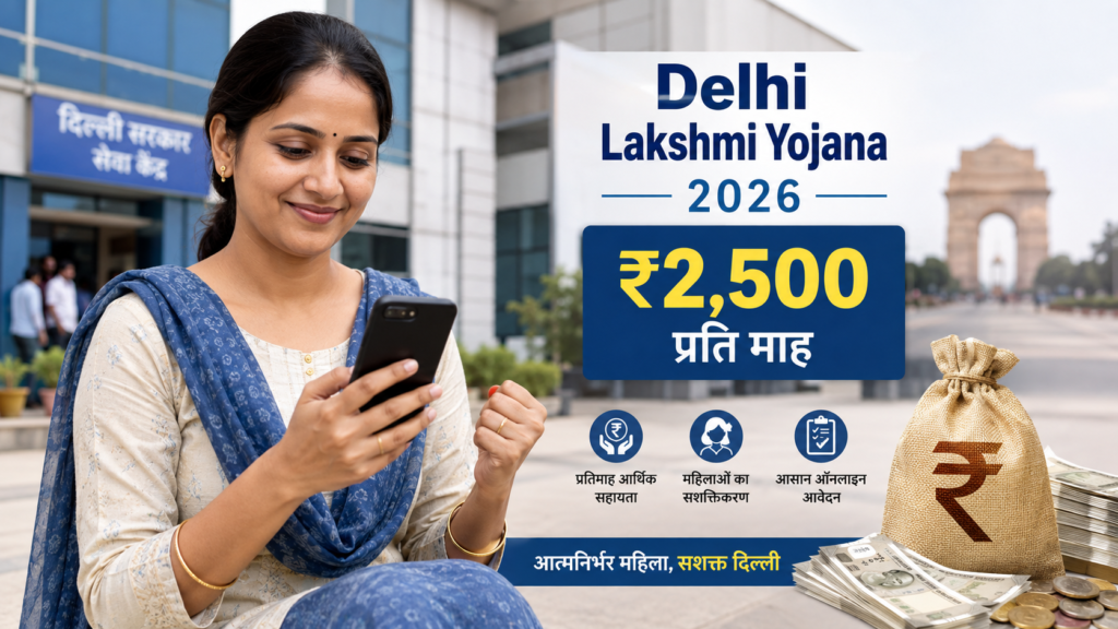 Delhi Lakshmi Yojana 2026 के तहत ₹2,500 प्रति माह वित्तीय सहायता दर्शाती भारतीय महिला लाभार्थी