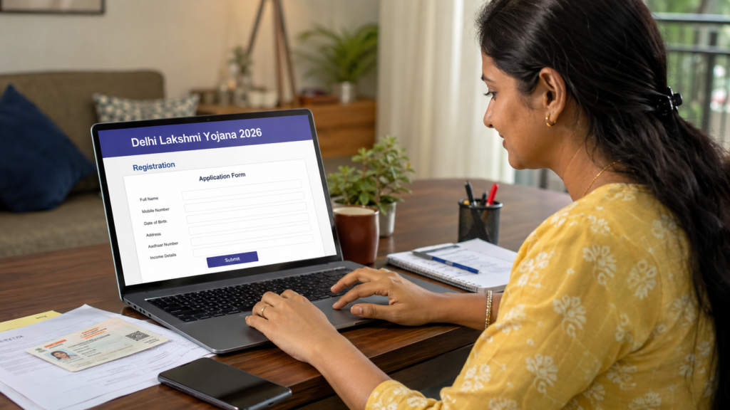 Delhi Lakshmi Yojana 2026 के लिए ऑनलाइन आवेदन करती भारतीय महिला