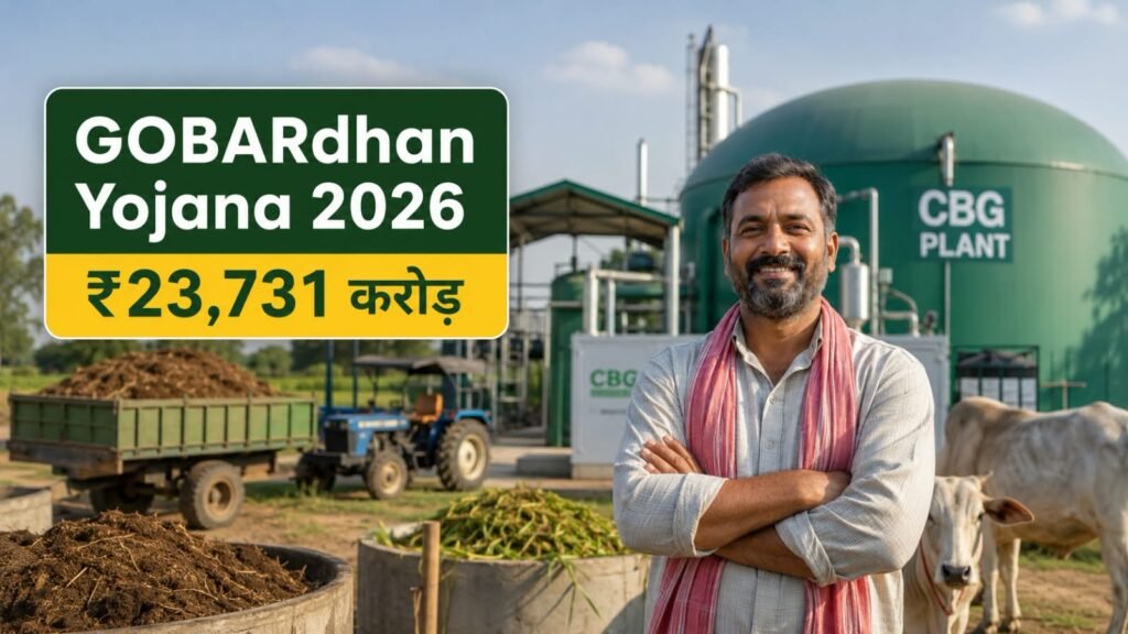 GOBARdhan Yojana 2026 के तहत CBG और जैविक कचरे से स्वच्छ ऊर्जा का प्रतीकात्मक दृश्य