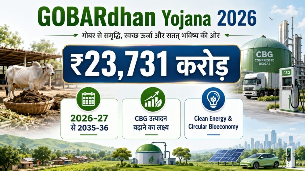 GOBARdhan Yojana 2026 के ₹23,731 करोड़ के नए परिव्यय और CBG उत्पादन लक्ष्य का infographic