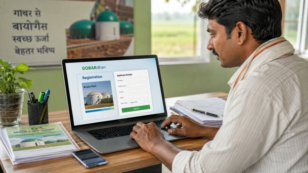GOBARdhan Unified Registration Portal पर biogas plant registration की प्रक्रिया दिखाता laptop