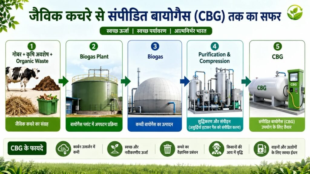 गोबर और कृषि अवशेष से बायोगैस बनाकर CBG तैयार करने की प्रक्रिया का infographic
