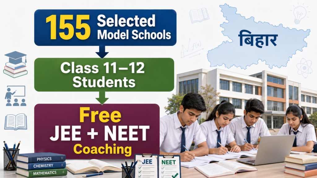बिहार के 155 चयनित मॉडल स्कूलों में कक्षा 11-12 के छात्रों के लिए मुफ्त JEE और NEET कोचिंग का शैक्षणिक इन्फोग्राफिक