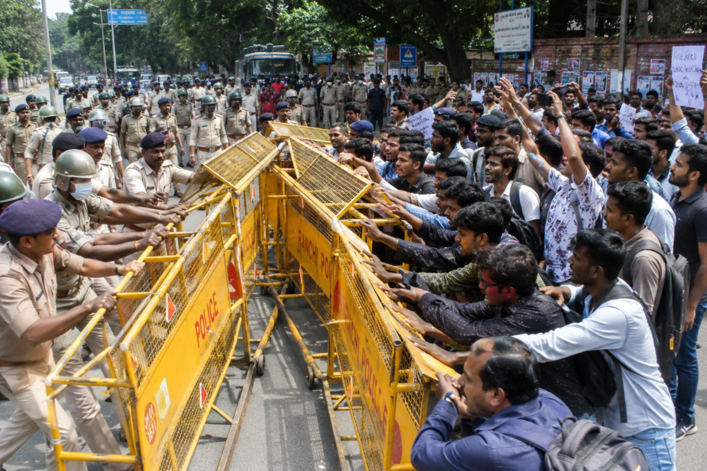 छात्रों के विरोध प्रदर्शन के दौरान पुलिस बैरिकेड के पास तैनात पुलिसकर्मी और प्रदर्शनकारी छात्रों की भीड़