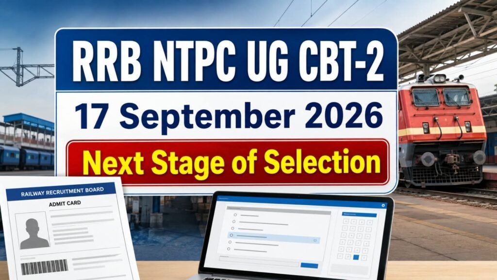 RRB NTPC UG CBT-2 परीक्षा के लिए 17 September 2026 की तारीख और Next Stage of Selection दर्शाता रेलवे स्टेशन आधारित इंफोग्राफिक।
