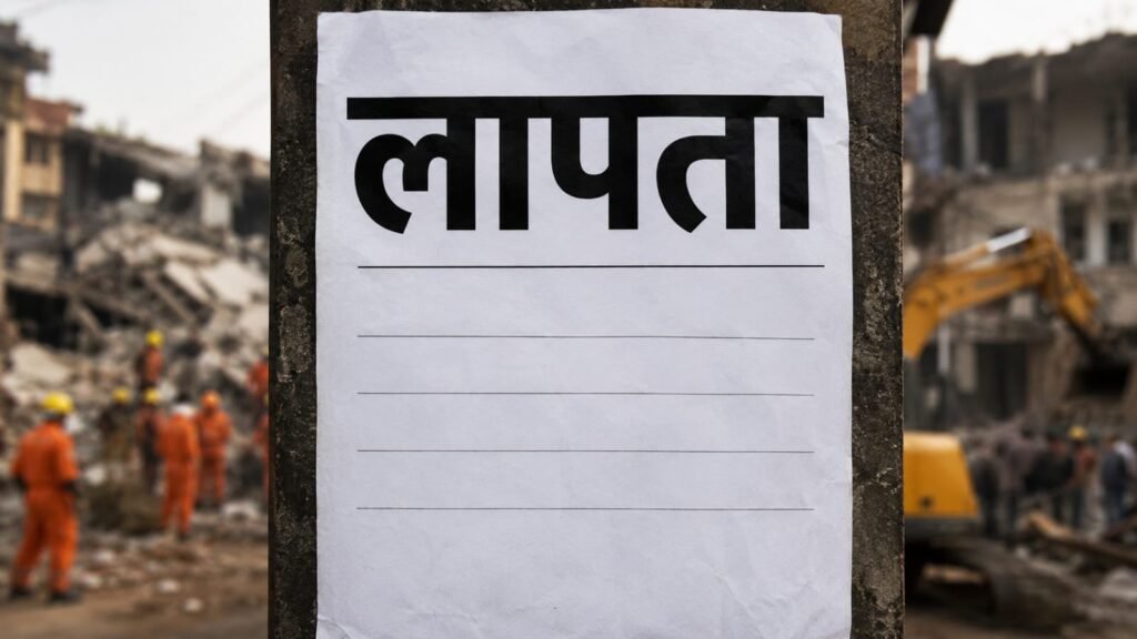 सफेद पोस्टर पर बड़े अक्षरों में “लापता” लिखा है, पीछे राहत कार्य और मलबे का धुंधला दृश्य।
