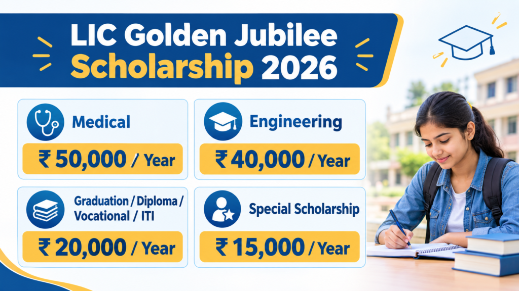 LIC Golden Jubilee Scholarship 2026 में मेडिकल, इंजीनियरिंग और अन्य पाठ्यक्रमों की वार्षिक छात्रवृत्ति राशि