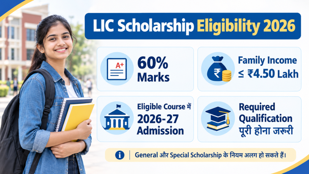 LIC Scholarship Eligibility 2026 के लिए 60% अंक, ₹4.50 लाख आय सीमा और अन्य पात्रता नियम