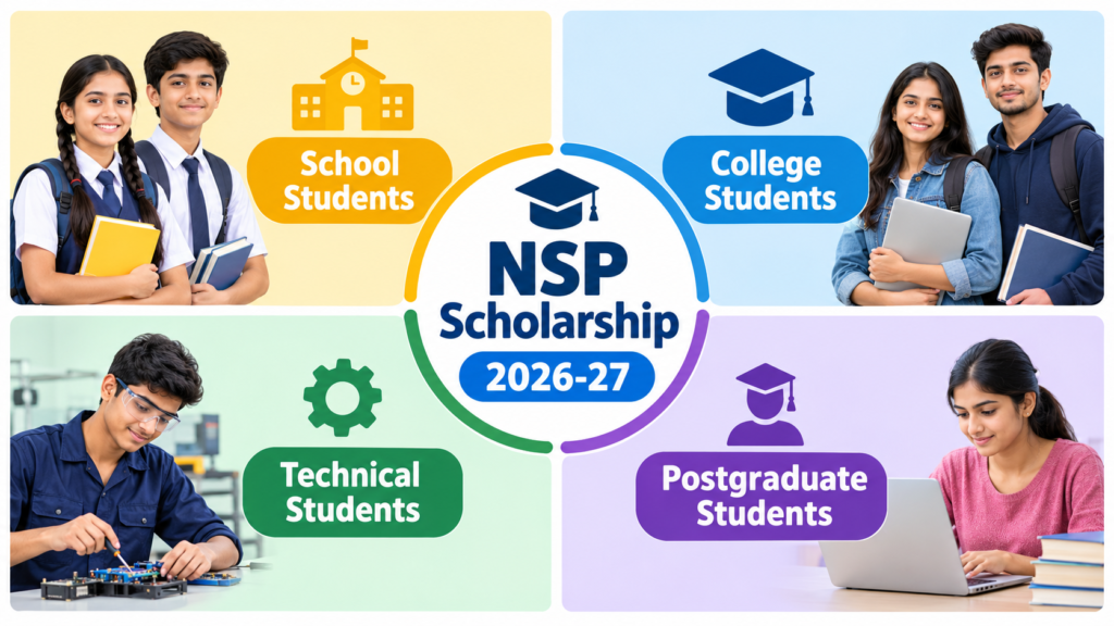 NSP Scholarship 2026-27 के तहत स्कूल, कॉलेज, तकनीकी और पोस्टग्रेजुएट छात्रों की जानकारी