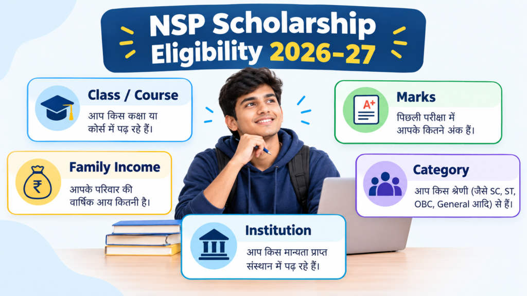 NSP Scholarship Eligibility 2026-27 infographic showing a student with five eligibility factors—Class/Course, Marks, Family Income, Category और Institution.