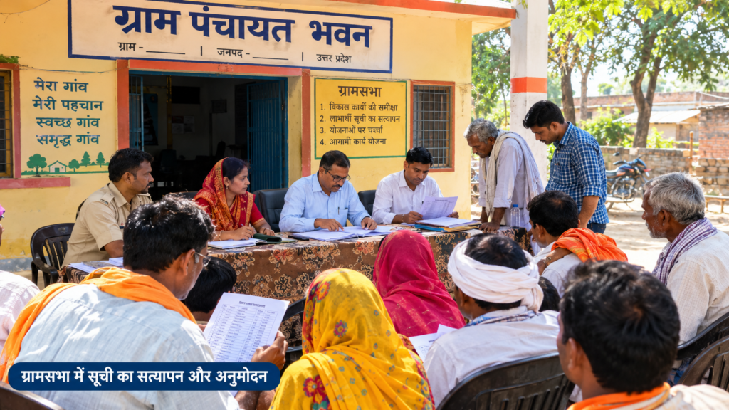 ग्रामसभा में लाभार्थी सूची का सत्यापन और अनुमोदन करते ग्रामीण व पंचायत अधिकारी