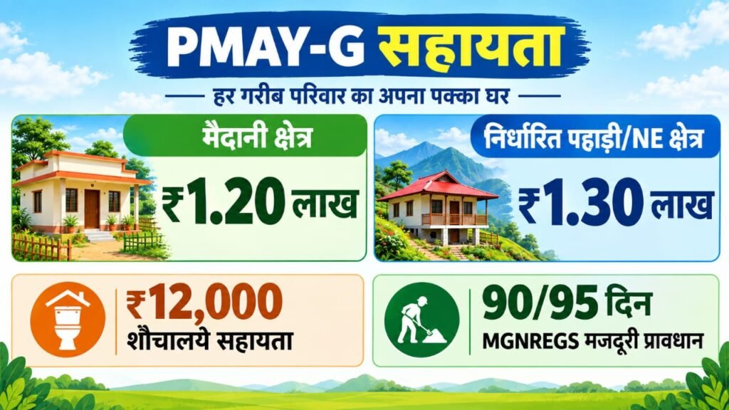PMAY-G सहायता का 16:9 इन्फोग्राफिक, जिसमें मैदानी क्षेत्र के लिए ₹1.20 लाख, पहाड़ी/NE क्षेत्र के लिए ₹1.30 लाख, ₹12,000 शौचालय सहायता और 90/95 दिन MGNREGS मजदूरी प्रावधान दिखाए गए हैं।