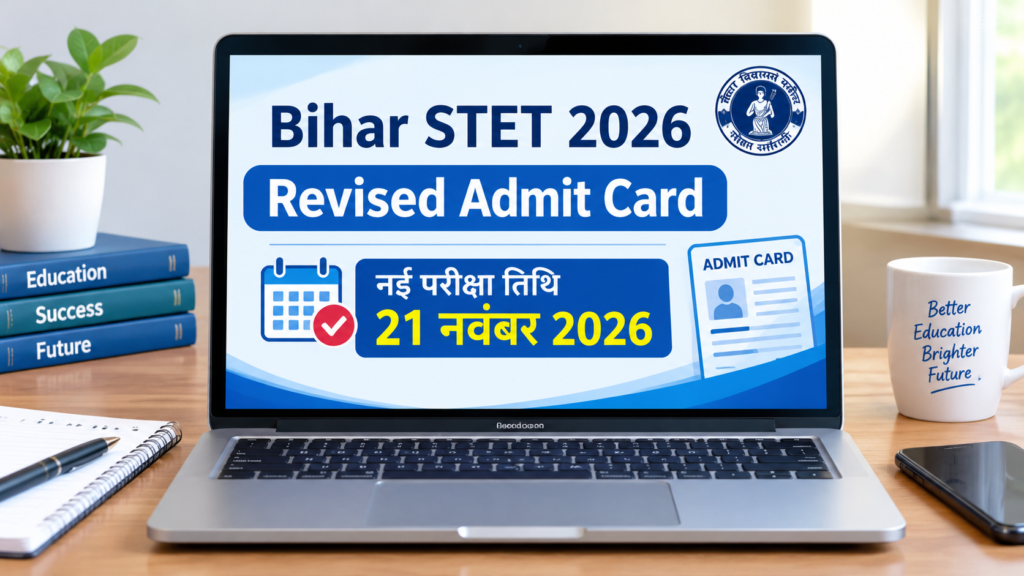 Bihar STET 2026 Revised Admit Card और नई परीक्षा तिथि 21 नवंबर 2026 दर्शाता लैपटॉप
