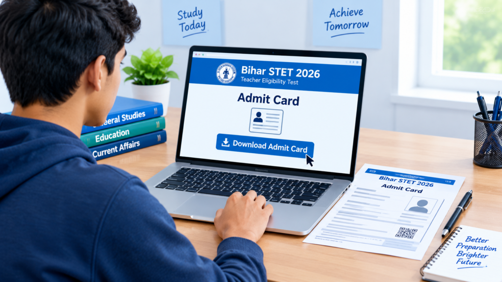 लैपटॉप पर Bihar STET 2026 Admit Card डाउनलोड करता विद्यार्थी।